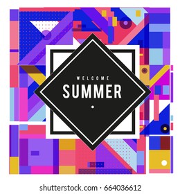 Trendy vector summer cards illustration with elements and abstract colorful textures. Design for holiday vacation poster, card, brochure, and promotion template. Fashion art print and background.