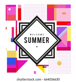 Trendy vector summer cards illustration with elements and abstract colorful textures. Design for holiday vacation poster, card, brochure, and promotion template. Fashion art print and background.