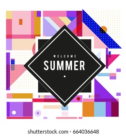 Trendy vector summer cards illustration with elements and abstract colorful textures. Design for holiday vacation poster, card, brochure, and promotion template. Fashion art print and background.