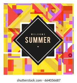 Trendy vector summer cards illustration with elements and abstract colorful textures. Design for holiday vacation poster, card, brochure, and promotion template. Fashion art print and background.
