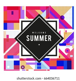 Trendy vector summer cards illustration with elements and abstract colorful textures. Design for holiday vacation poster, card, brochure, and promotion template. Fashion art print and background.