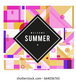 Trendy vector summer cards illustration with elements and abstract colorful textures. Design for holiday vacation poster, card, brochure, and promotion template. Fashion art print and background.