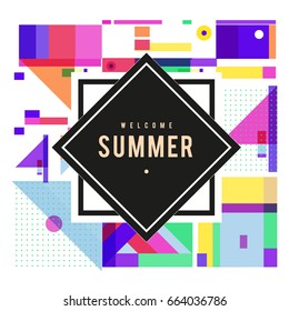 Trendy vector summer cards illustration with elements and abstract colorful textures. Design for holiday vacation poster, card, brochure, and promotion template. Fashion art print and background.