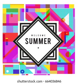 Trendy vector summer cards illustration with elements and abstract colorful textures. Design for holiday vacation poster, card, brochure, and promotion template. Fashion art print and background.