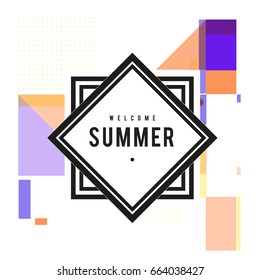 Trendy vector summer cards illustration with elements and abstract colorful textures. Design for holiday vacation poster, card, brochure, and promotion template. Fashion art print and background.
