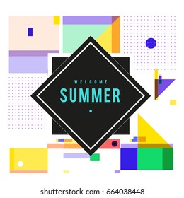 Trendy vector summer cards illustration with elements and abstract colorful textures. Design for holiday vacation poster, card, brochure, and promotion template. Fashion art print and background.