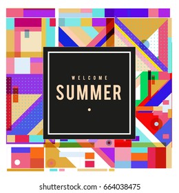 Trendy vector summer cards illustration with elements and abstract colorful textures. Design for holiday vacation poster, card, brochure, and promotion template. Fashion art print and background.