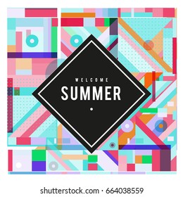 Trendy vector summer cards illustration with elements and abstract colorful textures. Design for holiday vacation poster, card, brochure, and promotion template. Fashion art print and background.