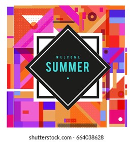 Trendy vector summer cards illustration with elements and abstract colorful textures. Design for holiday vacation poster, card, brochure, and promotion template. Fashion art print and background.