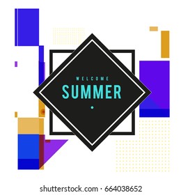 Trendy vector summer cards illustration with elements and abstract colorful textures. Design for holiday vacation poster, card, brochure, and promotion template. Fashion art print and background.
