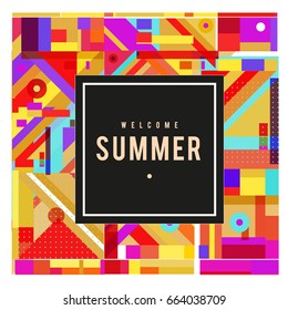 Trendy vector summer cards illustration with elements and abstract colorful textures. Design for holiday vacation poster, card, brochure, and promotion template. Fashion art print and background.