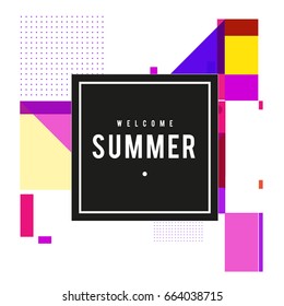Trendy vector summer cards illustration with elements and abstract colorful textures. Design for holiday vacation poster, card, brochure, and promotion template. Fashion art print and background.