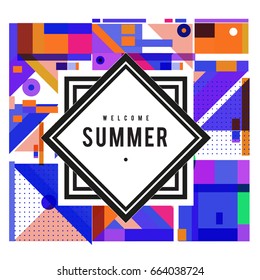 Trendy vector summer cards illustration with elements and abstract colorful textures. Design for holiday vacation poster, card, brochure, and promotion template. Fashion art print and background.
