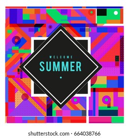 Trendy vector summer cards illustration with elements and abstract colorful textures. Design for holiday vacation poster, card, brochure, and promotion template. Fashion art print and background.