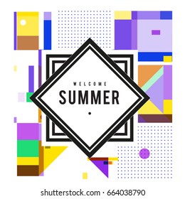 Trendy vector summer cards illustration with elements and abstract colorful textures. Design for holiday vacation poster, card, brochure, and promotion template. Fashion art print and background.