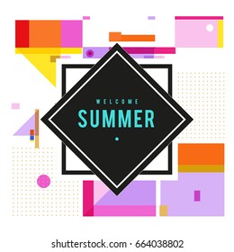 Trendy vector summer cards illustration with elements and abstract colorful textures. Design for holiday vacation poster, card, brochure, and promotion template. Fashion art print and background.