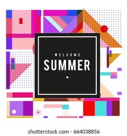 Trendy vector summer cards illustration with elements and abstract colorful textures. Design for holiday vacation poster, card, brochure, and promotion template. Fashion art print and background.