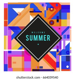 Trendy vector summer cards illustration with elements and abstract colorful textures. Design for holiday vacation poster, card, brochure, and promotion template. Fashion art print and background.