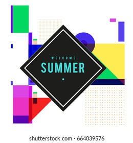 Trendy vector summer cards illustration with elements and abstract colorful textures. Design for holiday vacation poster, card, brochure, and promotion template. Fashion art print and background.