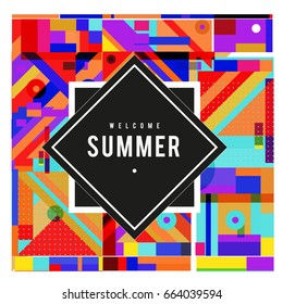 Trendy vector summer cards illustration with elements and abstract colorful textures. Design for holiday vacation poster, card, brochure, and promotion template. Fashion art print and background.