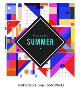 Trendy vector summer cards illustration with elements and abstract colorful textures. Design for holiday vacation poster, card, brochure, and promotion template. Fashion art print and background.