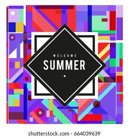 Trendy vector summer cards illustration with elements and abstract colorful textures. Design for holiday vacation poster, card, brochure, and promotion template. Fashion art print and background.