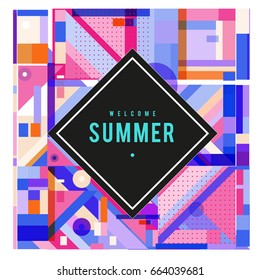Trendy vector summer cards illustration with elements and abstract colorful textures. Design for holiday vacation poster, card, brochure, and promotion template. Fashion art print and background.