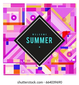 Trendy vector summer cards illustration with elements and abstract colorful textures. Design for holiday vacation poster, card, brochure, and promotion template. Fashion art print and background.