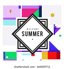 Trendy vector summer cards illustration with elements and abstract colorful textures. Design for holiday vacation poster, card, brochure, and promotion template. Fashion art print and background.