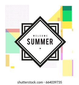 Trendy vector summer cards illustration with elements and abstract colorful textures. Design for holiday vacation poster, card, brochure, and promotion template. Fashion art print and background.