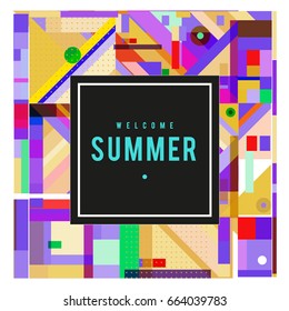 Trendy vector summer cards illustration with elements and abstract colorful textures. Design for holiday vacation poster, card, brochure, and promotion template. Fashion art print and background.