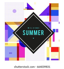 Trendy vector summer cards illustration with elements and abstract colorful textures. Design for holiday vacation poster, card, brochure, and promotion template. Fashion art print and background.