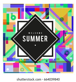 Trendy vector summer cards illustration with elements and abstract colorful textures. Design for holiday vacation poster, card, brochure, and promotion template. Fashion art print and background.