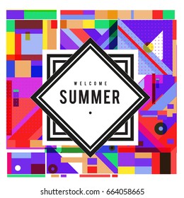 Trendy vector summer cards illustration with elements and abstract colorful textures. Design for holiday vacation poster, card, brochure, and promotion template. Fashion art print and background.