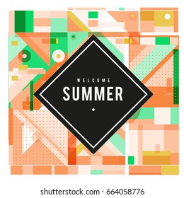 Trendy vector summer cards illustration with elements and abstract colorful textures. Design for holiday vacation poster, card, brochure, and promotion template. Fashion art print and background.