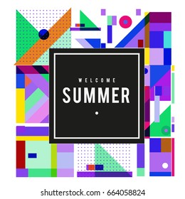 Trendy vector summer cards illustration with elements and abstract colorful textures. Design for holiday vacation poster, card, brochure, and promotion template. Fashion art print and background.