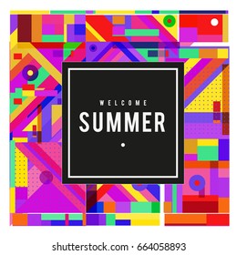 Trendy vector summer cards illustration with elements and abstract colorful textures. Design for holiday vacation poster, card, brochure, and promotion template. Fashion art print and background.
