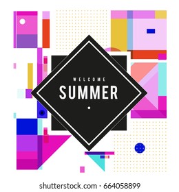 Trendy vector summer cards illustration with elements and abstract colorful textures. Design for holiday vacation poster, card, brochure, and promotion template. Fashion art print and background.