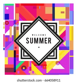 Trendy vector summer cards illustration with elements and abstract colorful textures. Design for holiday vacation poster, card, brochure, and promotion template. Fashion art print and background.