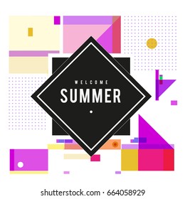 Trendy vector summer cards illustration with elements and abstract colorful textures. Design for holiday vacation poster, card, brochure, and promotion template. Fashion art print and background.