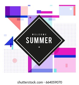 Trendy vector summer cards illustration with elements and abstract colorful textures. Design for holiday vacation poster, card, brochure, and promotion template. Fashion art print and background.