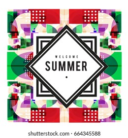Trendy vector summer cards illustration with elements and abstract colorful textures. Design for holiday vacation poster, card, brochure, and promotion template. Fashion art print and background.