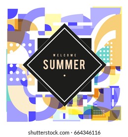 Trendy vector summer cards illustration with elements and abstract colorful textures. Design for holiday vacation poster, card, brochure, and promotion template. Fashion art print and background.