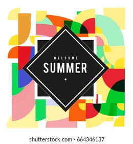 Trendy vector summer cards illustration with elements and abstract colorful textures. Design for holiday vacation poster, card, brochure, and promotion template. Fashion art print and background.