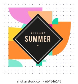 Trendy vector summer cards illustration with elements and abstract colorful textures. Design for holiday vacation poster, card, brochure, and promotion template. Fashion art print and background.