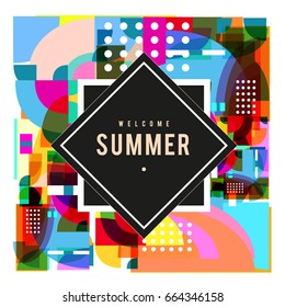 Trendy vector summer cards illustration with elements and abstract colorful textures. Design for holiday vacation poster, card, brochure, and promotion template. Fashion art print and background.