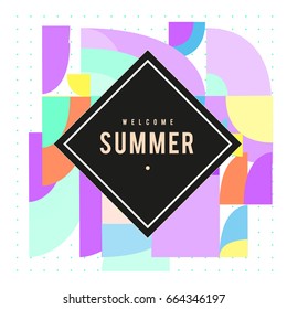 Trendy vector summer cards illustration with elements and abstract colorful textures. Design for holiday vacation poster, card, brochure, and promotion template. Fashion art print and background.