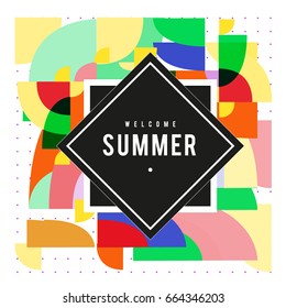 Trendy vector summer cards illustration with elements and abstract colorful textures. Design for holiday vacation poster, card, brochure, and promotion template. Fashion art print and background.