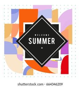 Trendy vector summer cards illustration with elements and abstract colorful textures. Design for holiday vacation poster, card, brochure, and promotion template. Fashion art print and background.