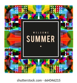 Trendy vector summer cards illustration with elements and abstract colorful textures. Design for holiday vacation poster, card, brochure, and promotion template. Fashion art print and background.